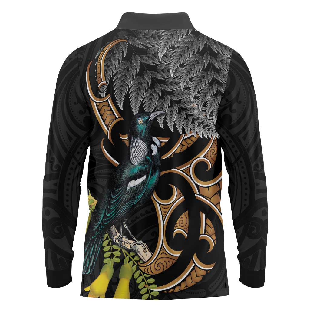 Aotearoa Kowhai Tui Bird Long Sleeve Polo Shirt Maori Ngaru With Silver Fern