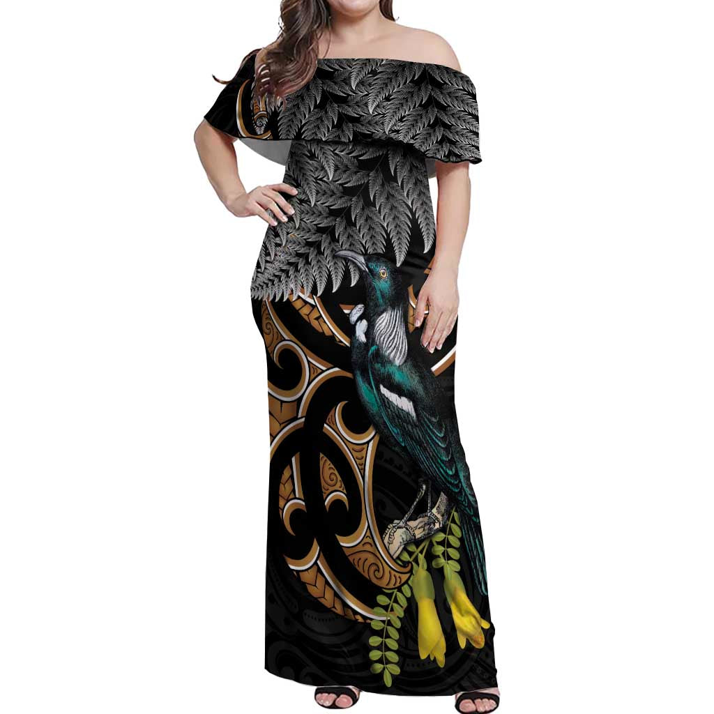 Aotearoa Kowhai Tui Bird Off Shoulder Maxi Dress Maori Ngaru With Silver Fern