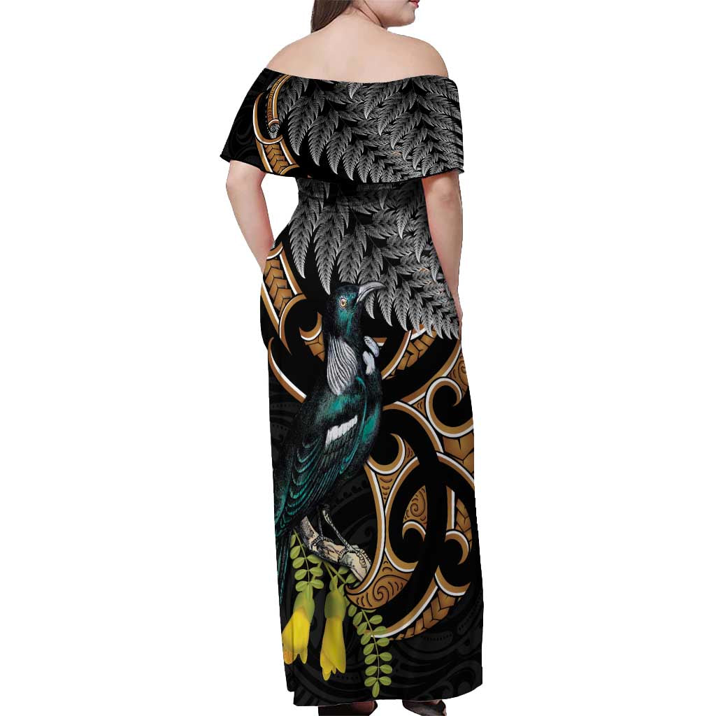 Aotearoa Kowhai Tui Bird Off Shoulder Maxi Dress Maori Ngaru With Silver Fern