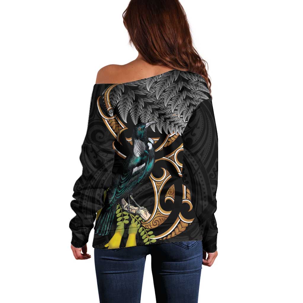 Aotearoa Kowhai Tui Bird Off Shoulder Sweater Maori Ngaru With Silver Fern
