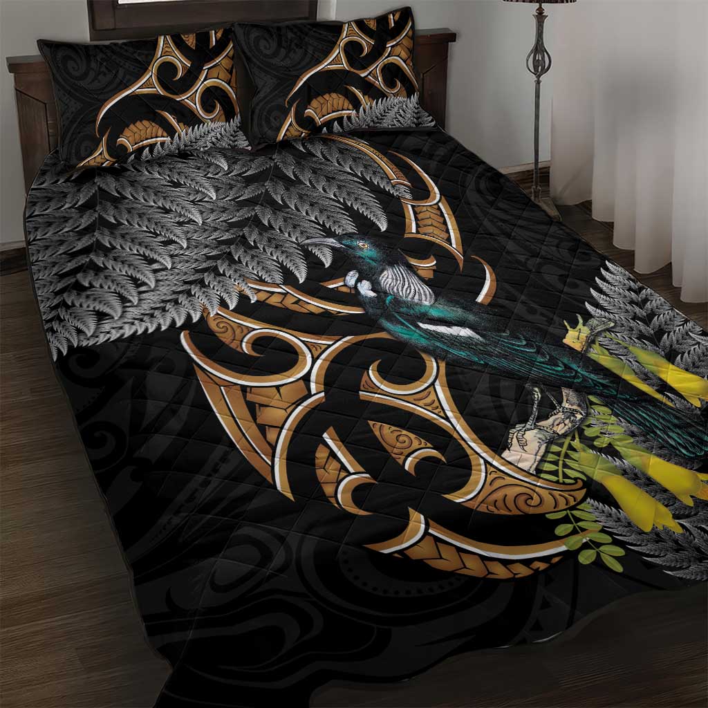 Aotearoa Kowhai Tui Bird Quilt Bed Set Maori Ngaru With Silver Fern