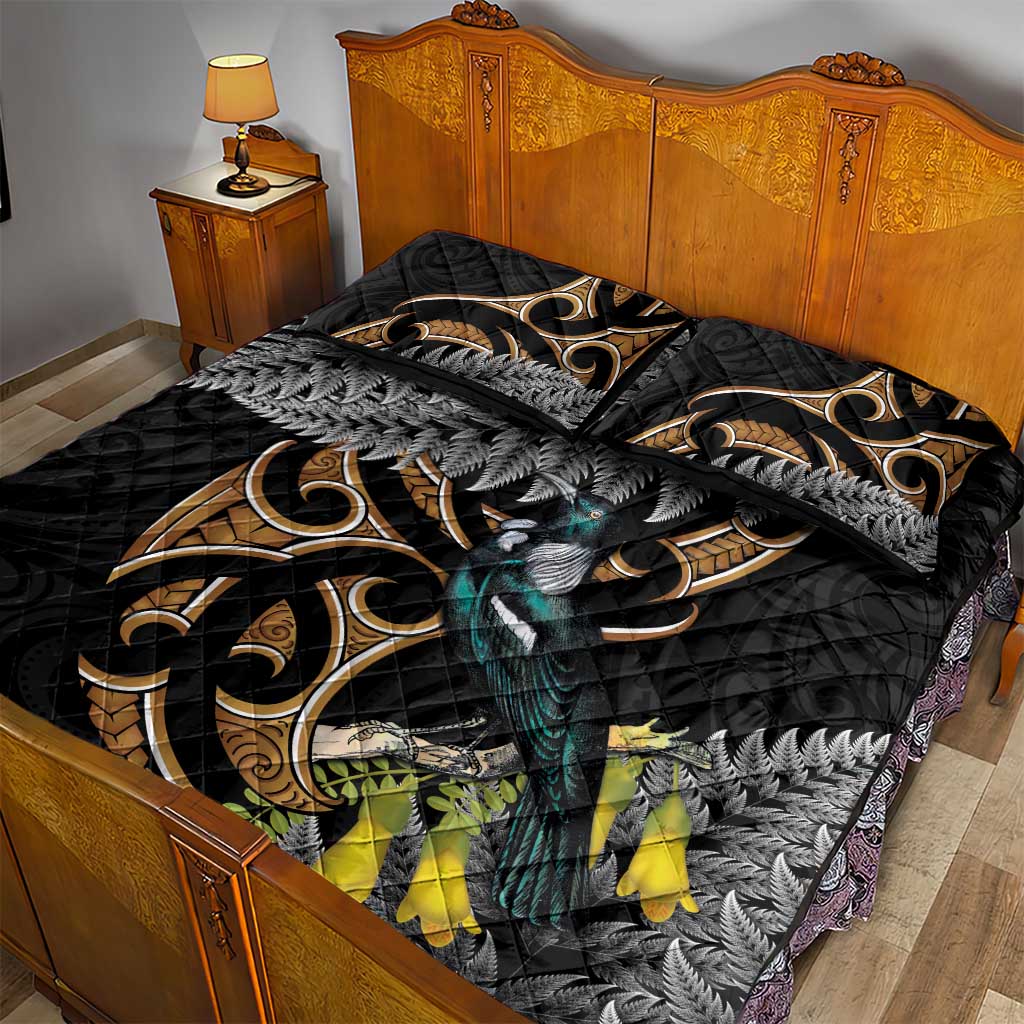 Aotearoa Kowhai Tui Bird Quilt Bed Set Maori Ngaru With Silver Fern