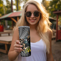 Aotearoa Kowhai Tui Bird Skinny Tumbler Maori Ngaru With Silver Fern LT14 - Polynesian Pride