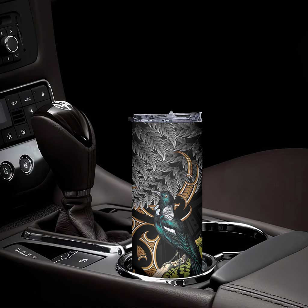 Aotearoa Kowhai Tui Bird Skinny Tumbler Maori Ngaru With Silver Fern LT14 - Polynesian Pride