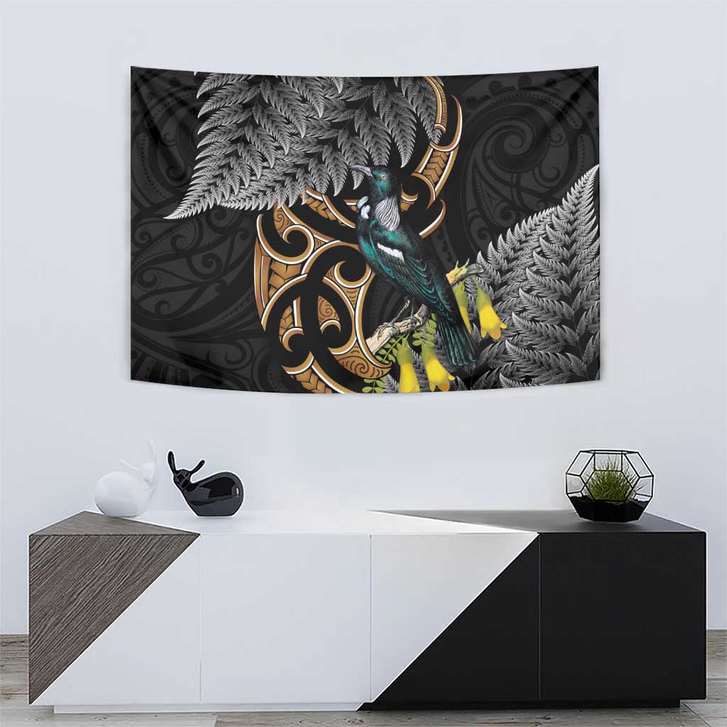 Aotearoa Kowhai Tui Bird Tapestry Maori Ngaru With Silver Fern