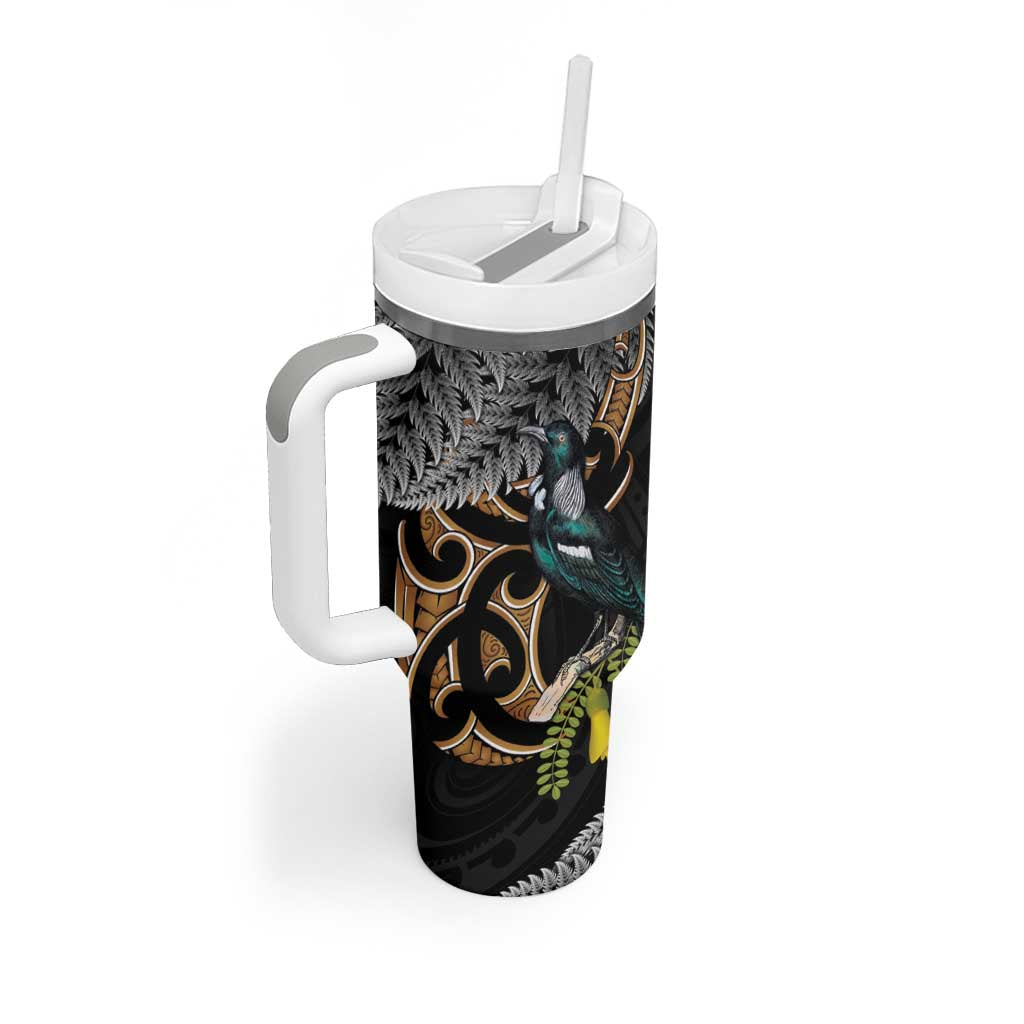 Aotearoa Kowhai Tui Bird Tumbler With Handle Maori Ngaru With Silver Fern