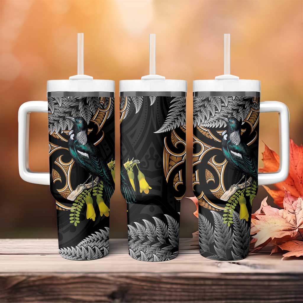 Aotearoa Kowhai Tui Bird Tumbler With Handle Maori Ngaru With Silver Fern
