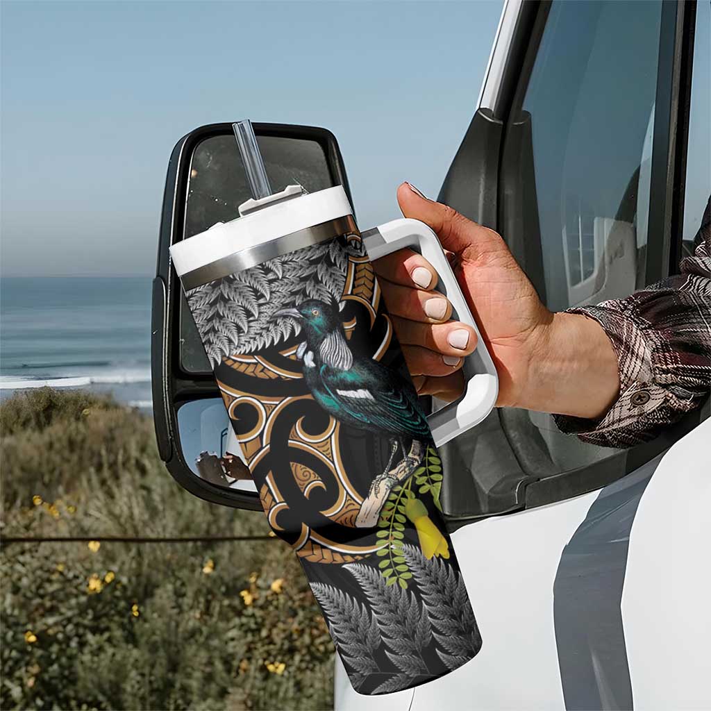 Aotearoa Kowhai Tui Bird Tumbler With Handle Maori Ngaru With Silver Fern