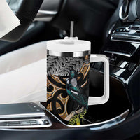 Aotearoa Kowhai Tui Bird Tumbler With Handle Maori Ngaru With Silver Fern