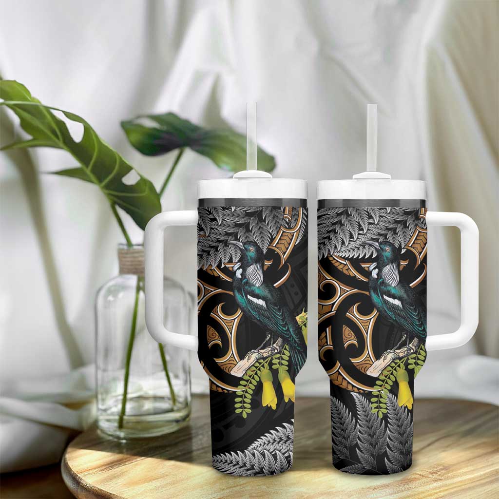 Aotearoa Kowhai Tui Bird Tumbler With Handle Maori Ngaru With Silver Fern