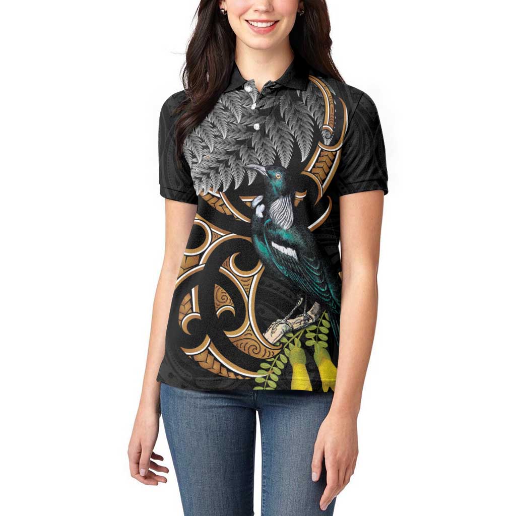 Aotearoa Kowhai Tui Bird Women Polo Shirt Maori Ngaru With Silver Fern