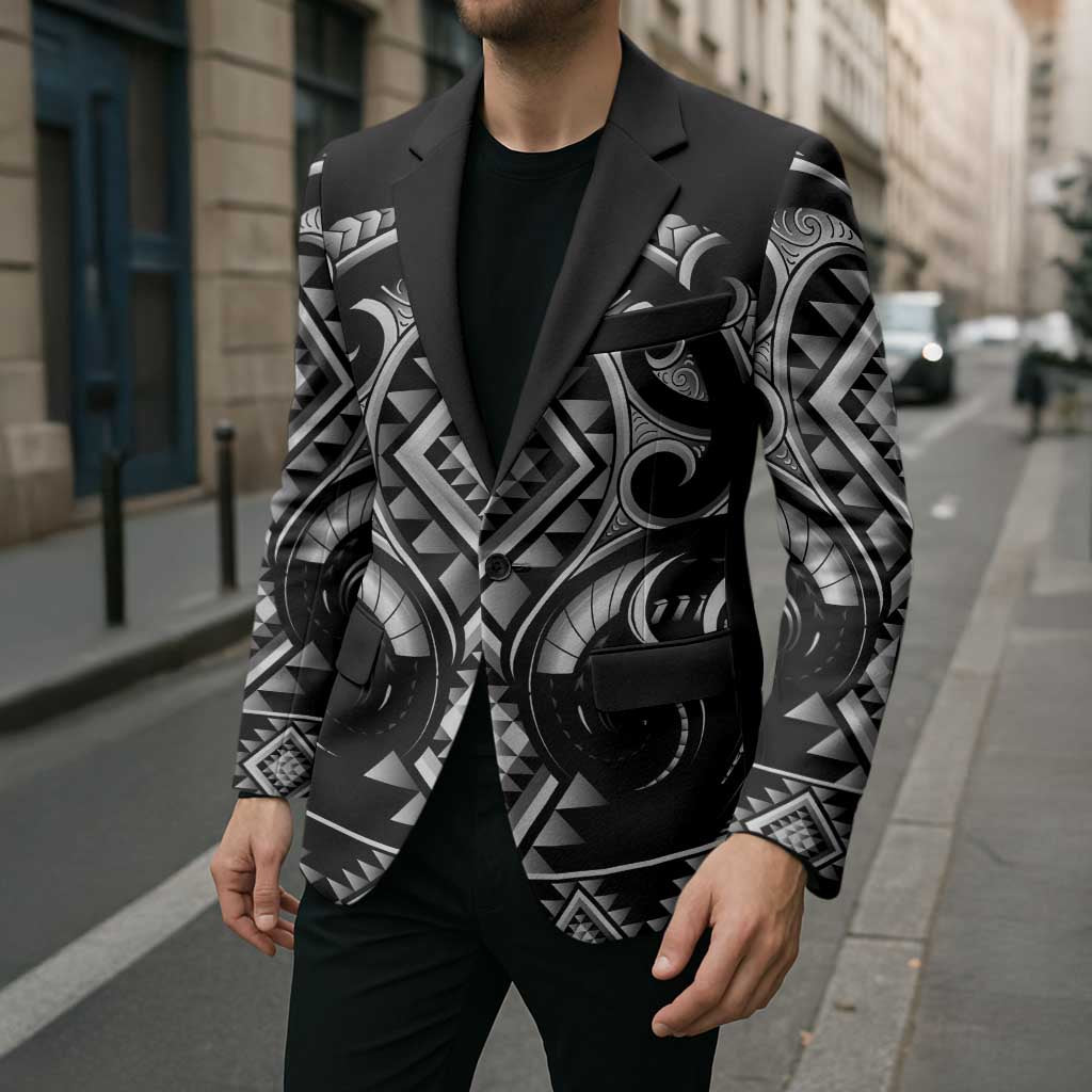 Black Ngaru Taniko With Aotearoa Maori Tattoo Blazer - Polynesian Pride