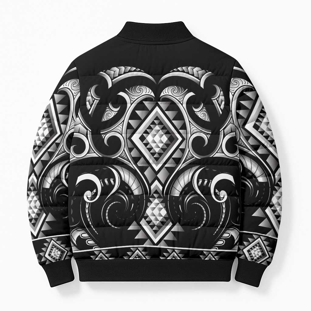 Black Ngaru Taniko With Aotearoa Maori Tattoo Bomber Puffer Jacket - Polynesian Pride