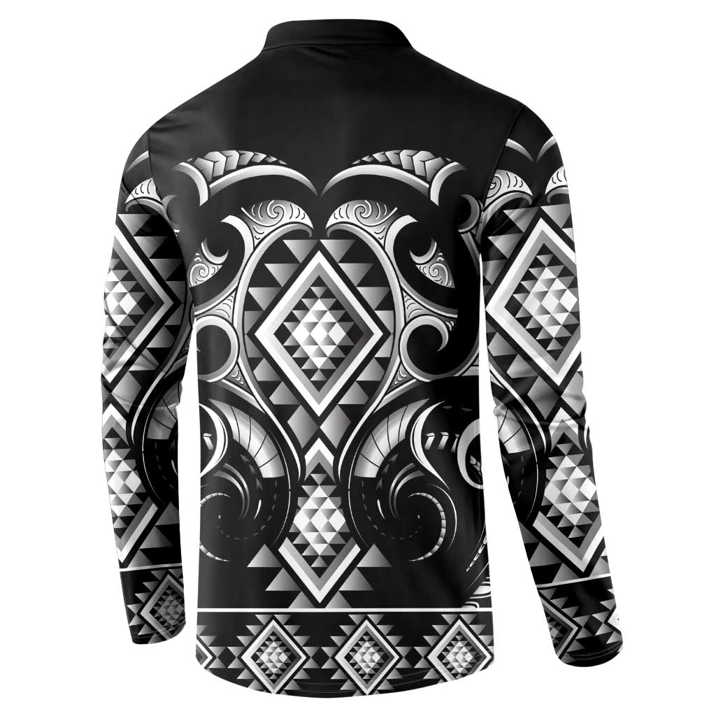 Black Ngaru Taniko With Aotearoa Maori Tattoo Button Sweatshirt LT14 - Polynesian Pride