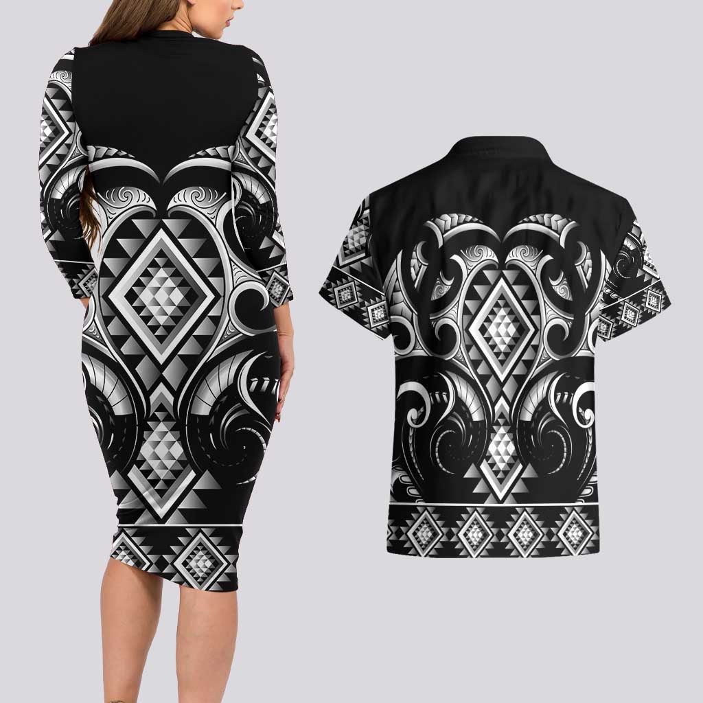 Black Ngaru Taniko With Aotearoa Maori Tattoo Couples Matching Long Sleeve Bodycon Dress and Hawaiian Shirt