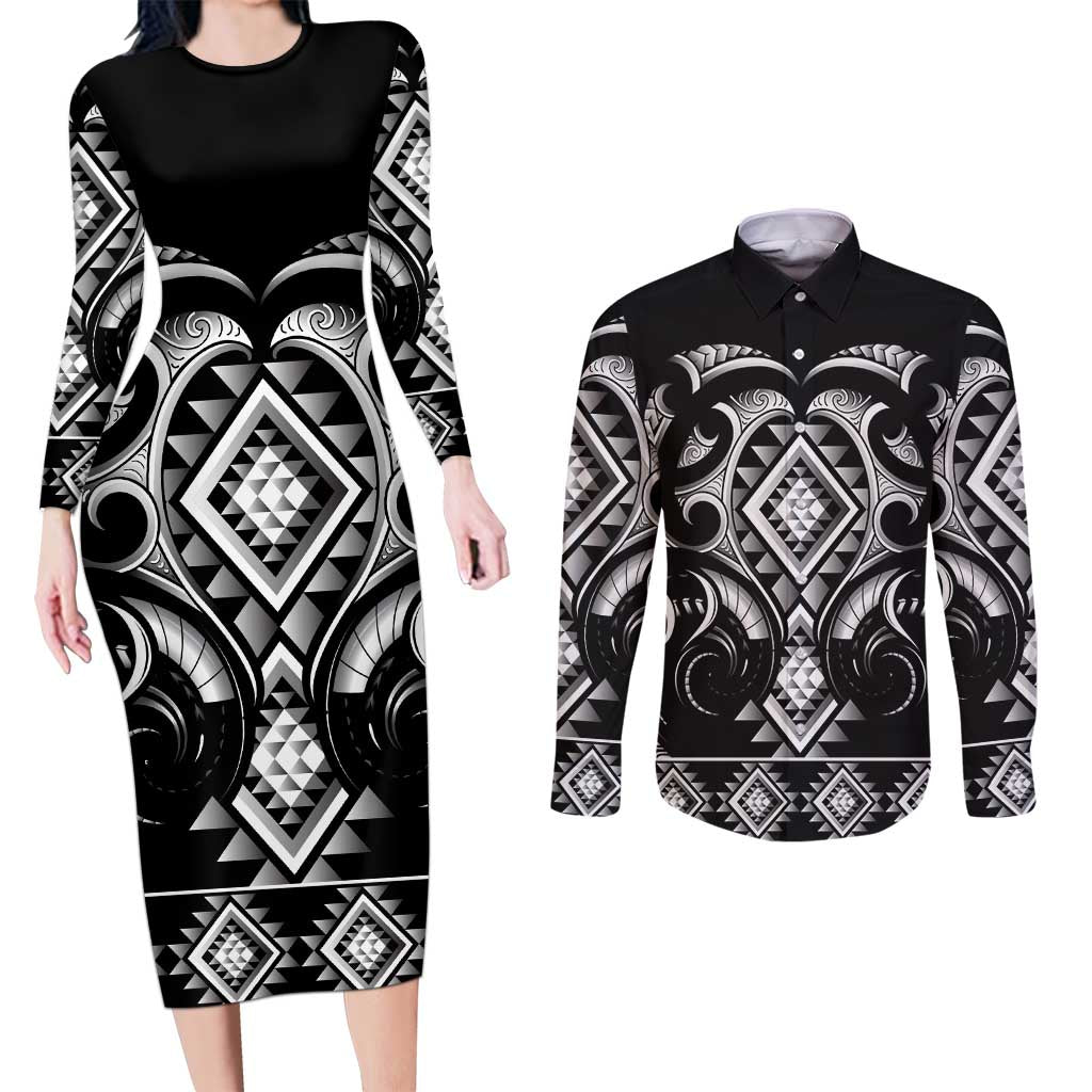Black Ngaru Taniko With Aotearoa Maori Tattoo Couples Matching Long Sleeve Bodycon Dress and Long Sleeve Button Shirt LT14 Black - Polynesian Pride