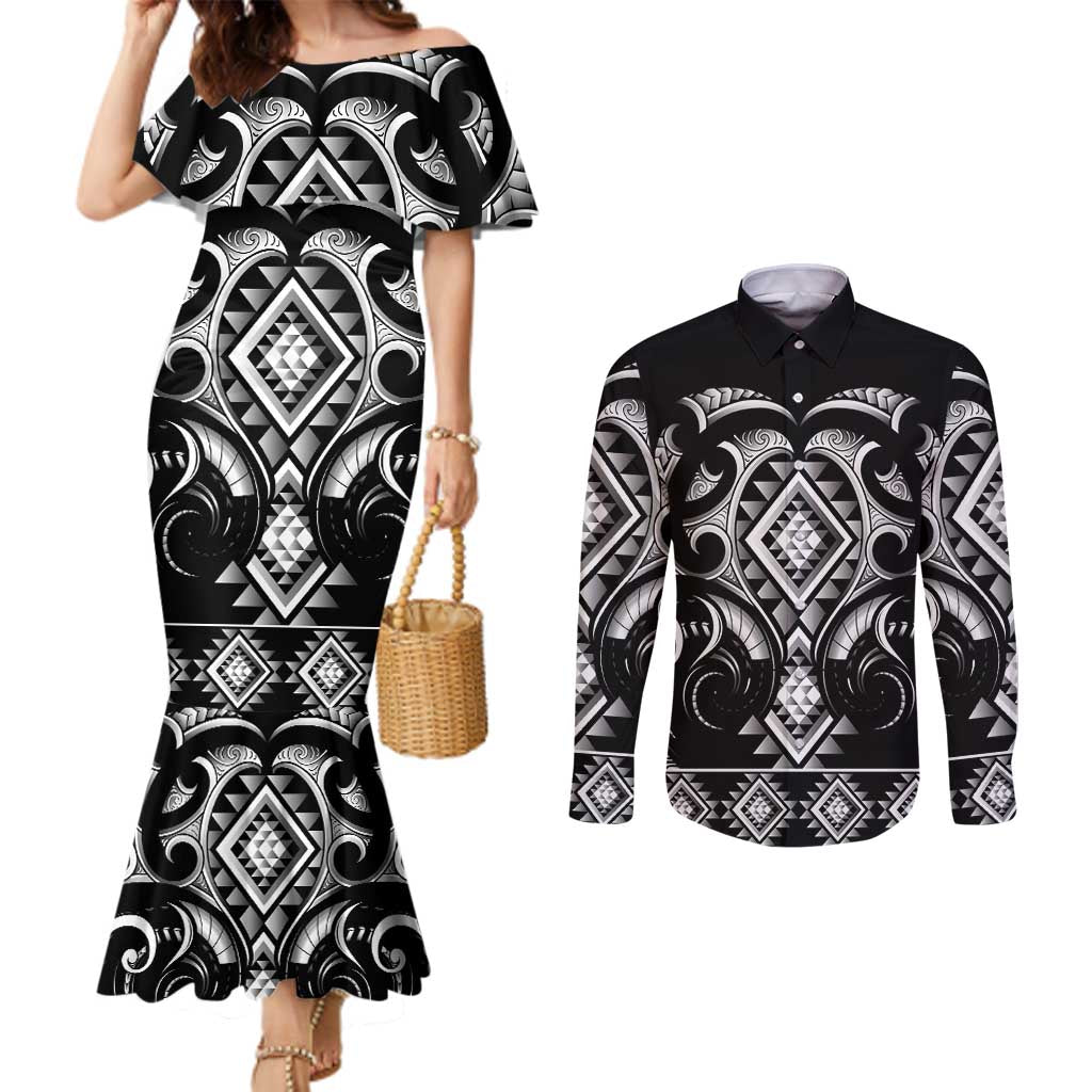 Black Ngaru Taniko With Aotearoa Maori Tattoo Couples Matching Mermaid Dress and Long Sleeve Button Shirt