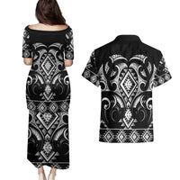 Black Ngaru Taniko With Aotearoa Maori Tattoo Couples Matching Puletasi and Hawaiian Shirt