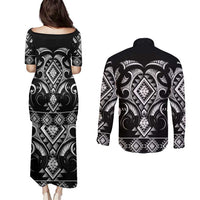 Black Ngaru Taniko With Aotearoa Maori Tattoo Couples Matching Puletasi and Long Sleeve Button Shirt LT14 - Polynesian Pride