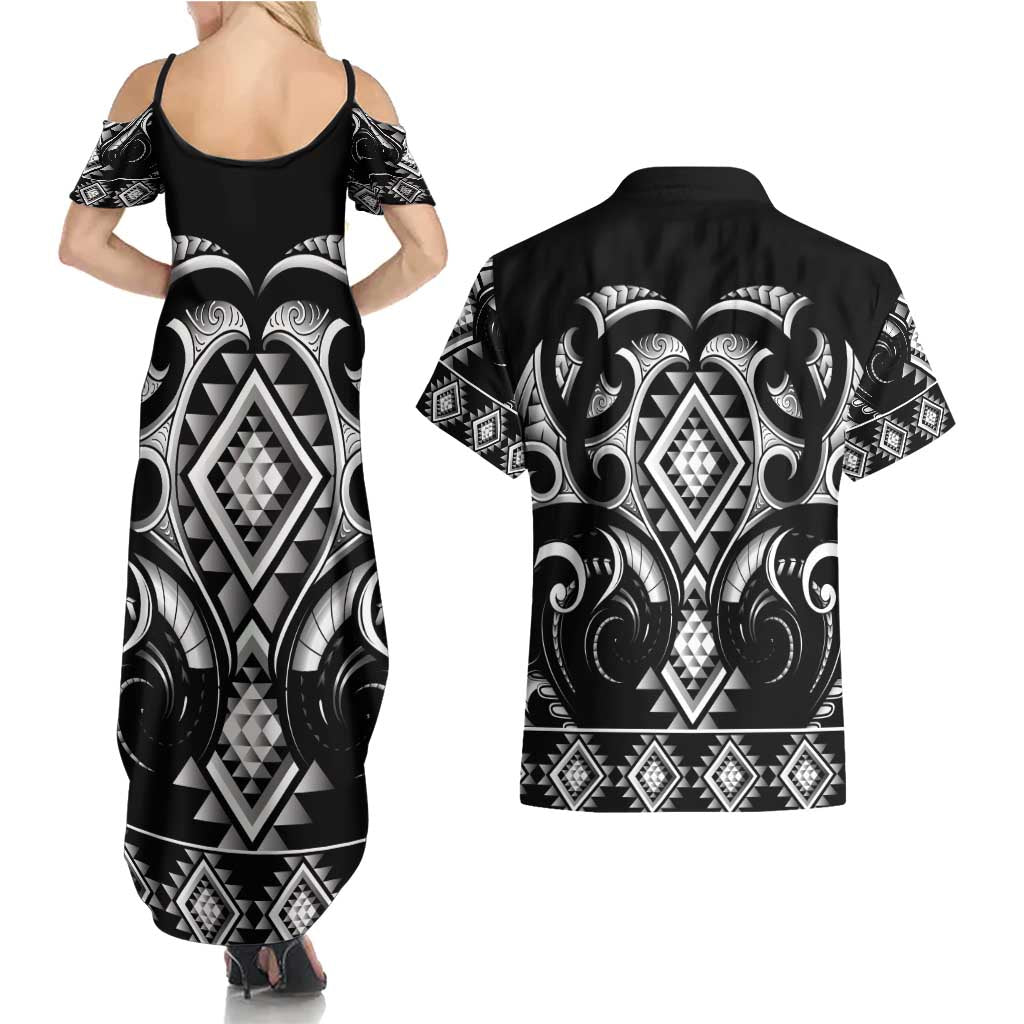 Black Ngaru Taniko With Aotearoa Maori Tattoo Couples Matching Summer Maxi Dress and Hawaiian Shirt