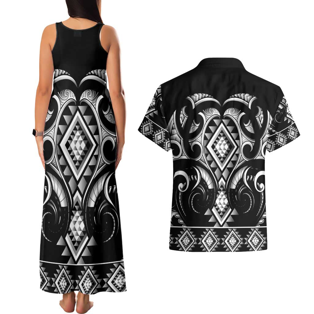 Black Ngaru Taniko With Aotearoa Maori Tattoo Couples Matching Tank Maxi Dress and Hawaiian Shirt