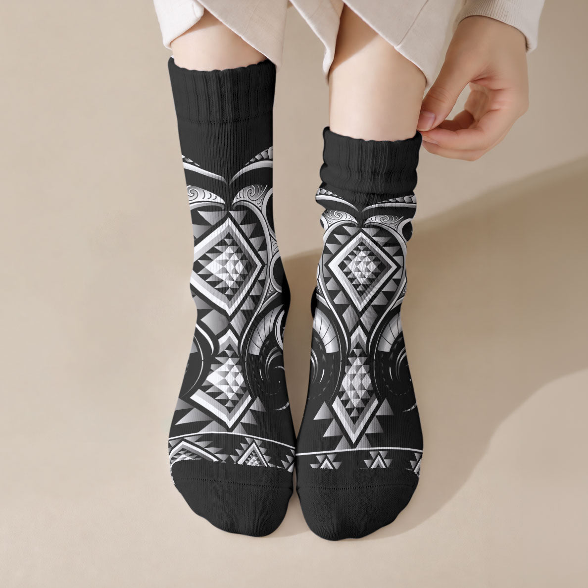 Black Ngaru Taniko With Aotearoa Maori Tattoo Crew Socks