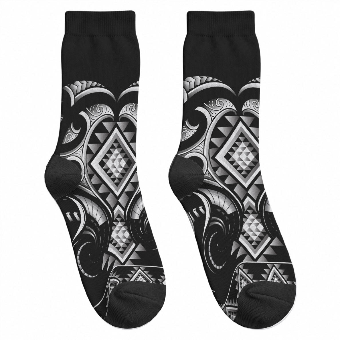 Black Ngaru Taniko With Aotearoa Maori Tattoo Crew Socks