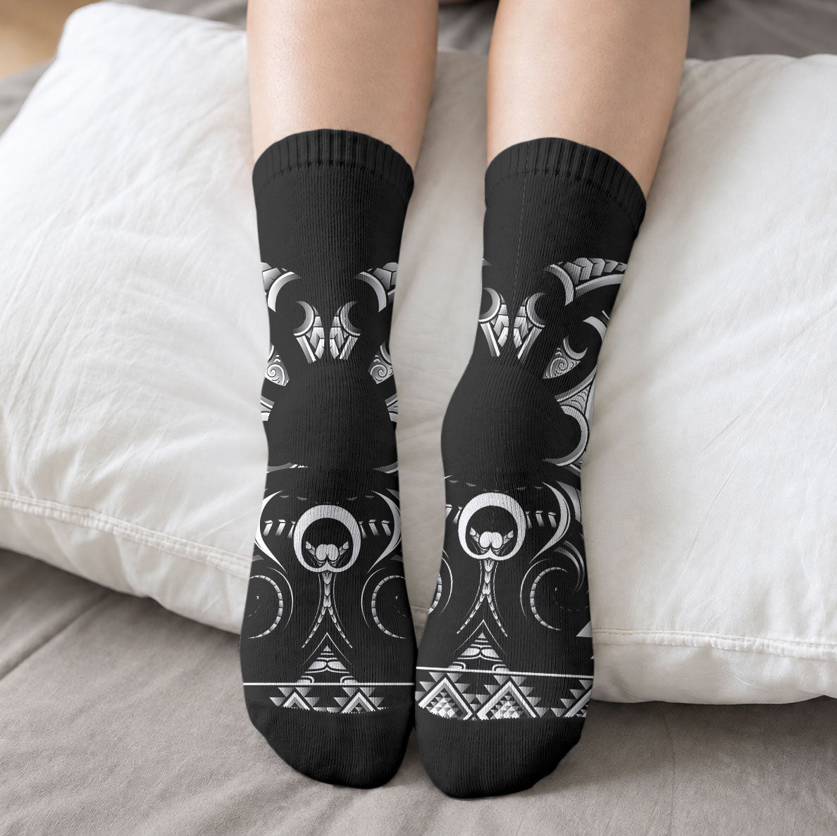 Black Ngaru Taniko With Aotearoa Maori Tattoo Crew Socks