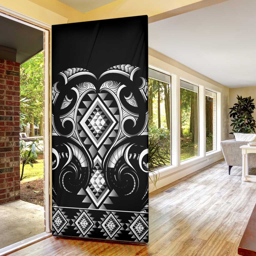 Black Ngaru Taniko With Aotearoa Maori Tattoo Door Cover - Polynesian Pride