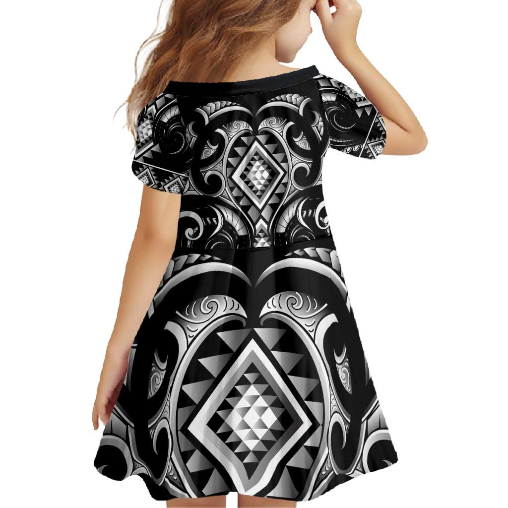 Black Ngaru Taniko With Aotearoa Maori Tattoo Family Matching Long Sleeve Bodycon Dress and Hawaiian Shirt LT14 - Polynesian Pride