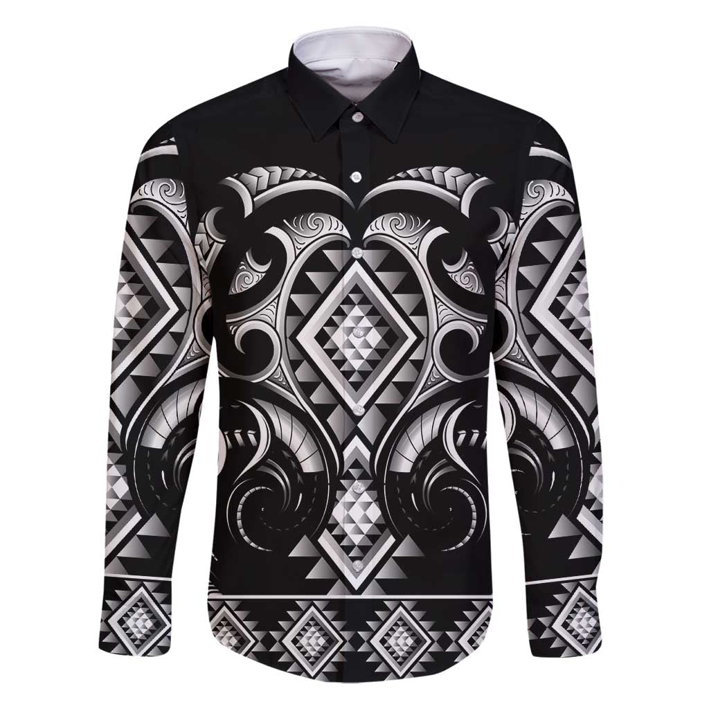 Black Ngaru Taniko With Aotearoa Maori Tattoo Family Matching Long Sleeve Bodycon Dress and Hawaiian Shirt LT14 Dad's Shirt - Long Sleeve Black - Polynesian Pride