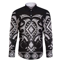 Black Ngaru Taniko With Aotearoa Maori Tattoo Family Matching Long Sleeve Bodycon Dress and Hawaiian Shirt LT14 Dad's Shirt - Long Sleeve Black - Polynesian Pride