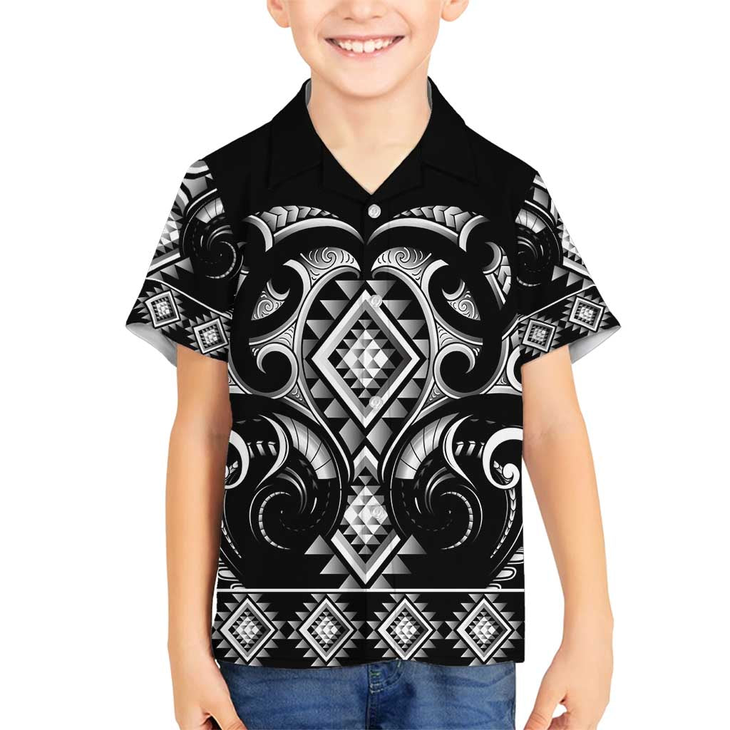 Black Ngaru Taniko With Aotearoa Maori Tattoo Family Matching Long Sleeve Bodycon Dress and Hawaiian Shirt LT14 Son's Shirt Black - Polynesian Pride
