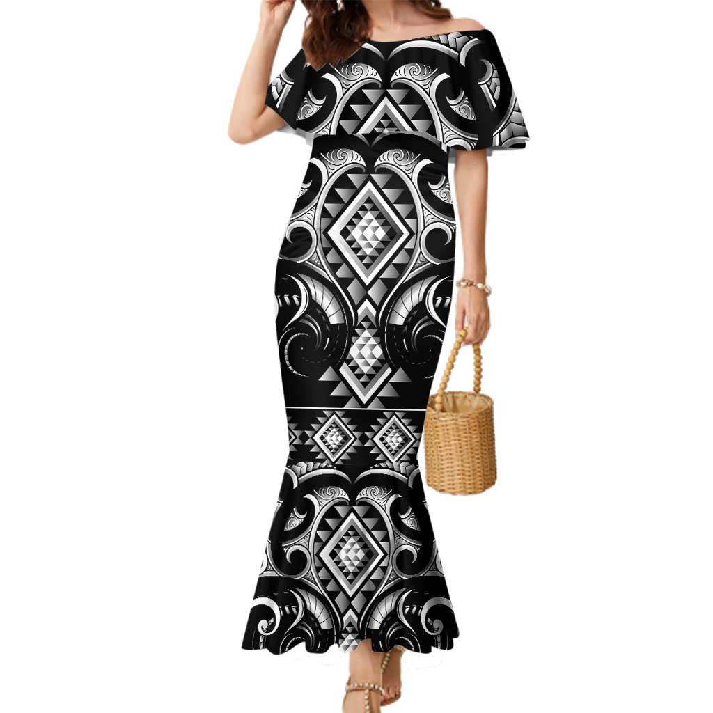Black Ngaru Taniko With Aotearoa Maori Tattoo Family Matching Mermaid Dress and Hawaiian Shirt LT14 Mom's Dress Black - Polynesian Pride