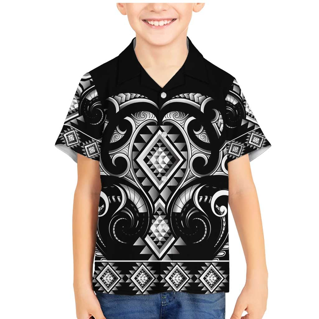 Black Ngaru Taniko With Aotearoa Maori Tattoo Family Matching Mermaid Dress and Hawaiian Shirt LT14 Son's Shirt Black - Polynesian Pride