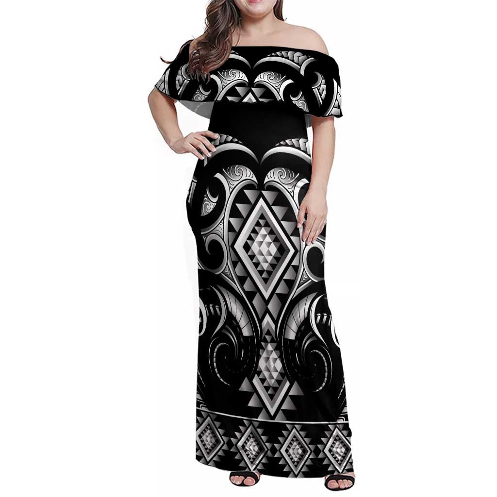 Black Ngaru Taniko With Aotearoa Maori Tattoo Family Matching Off Shoulder Maxi Dress and Hawaiian Shirt