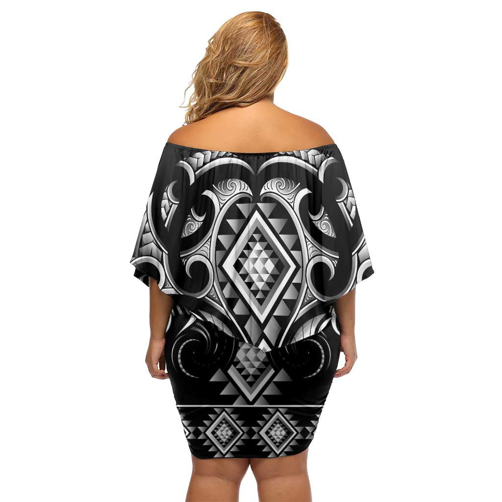 Black Ngaru Taniko With Aotearoa Maori Tattoo Family Matching Off Shoulder Short Dress and Hawaiian Shirt