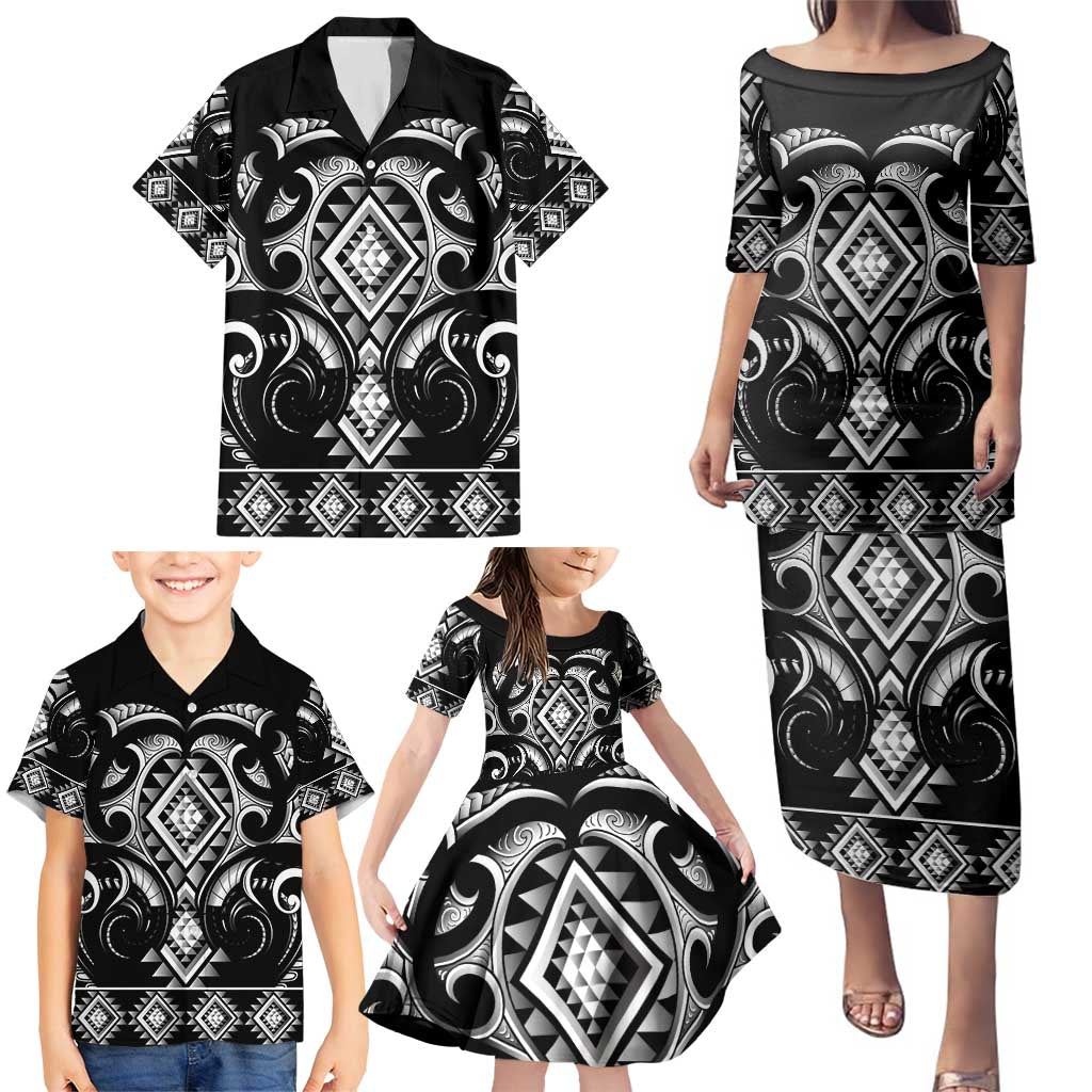 Black Ngaru Taniko With Aotearoa Maori Tattoo Family Matching Puletasi and Hawaiian Shirt LT14 - Polynesian Pride