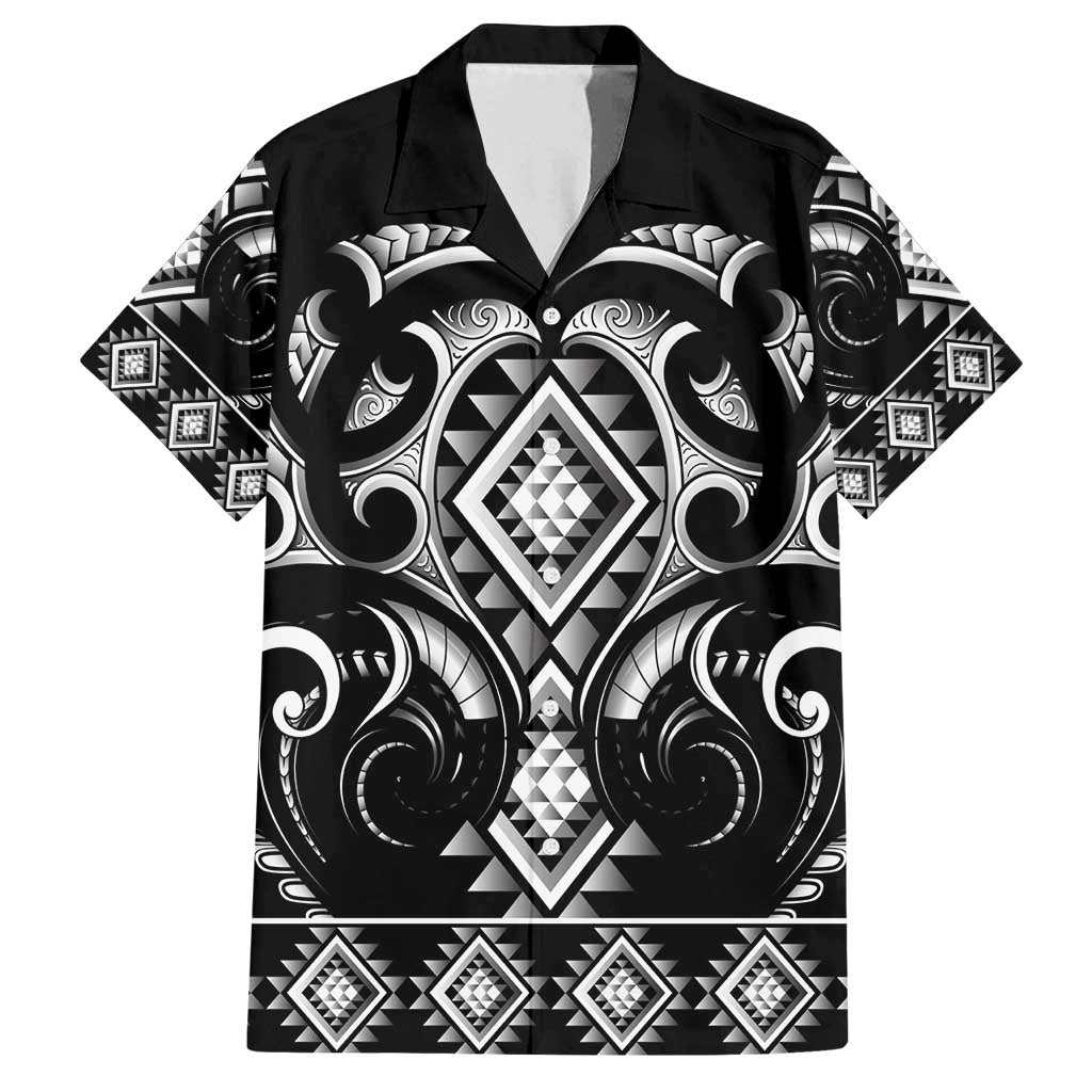 Black Ngaru Taniko With Aotearoa Maori Tattoo Family Matching Puletasi and Hawaiian Shirt LT14 Dad's Shirt - Short Sleeve Black - Polynesian Pride