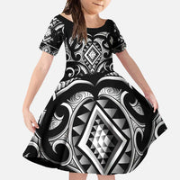 Black Ngaru Taniko With Aotearoa Maori Tattoo Family Matching Short Sleeve Bodycon Dress and Hawaiian Shirt