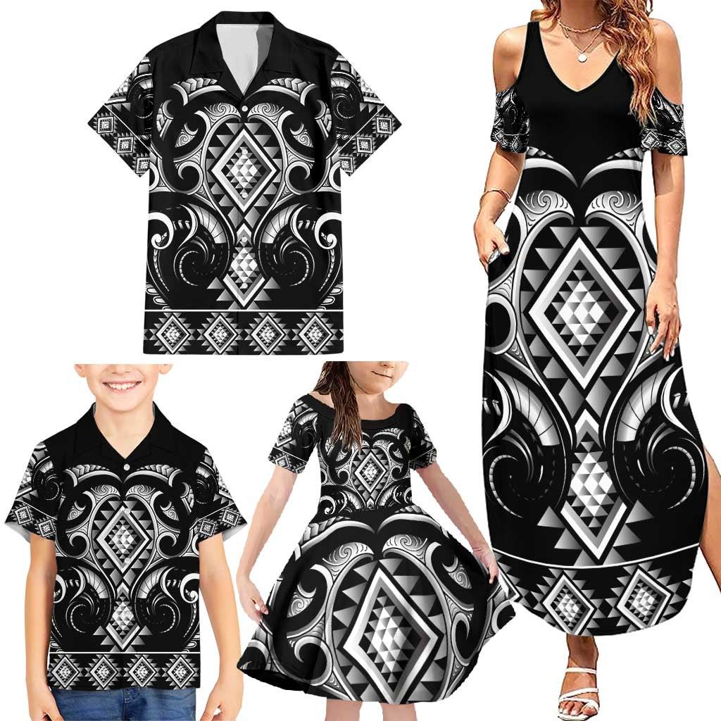 Black Ngaru Taniko With Aotearoa Maori Tattoo Family Matching Summer Maxi Dress and Hawaiian Shirt