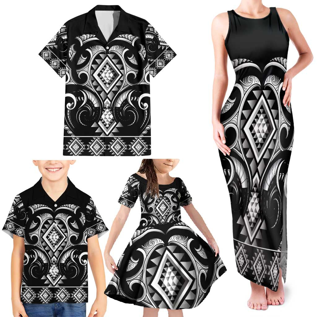 Black Ngaru Taniko With Aotearoa Maori Tattoo Family Matching Tank Maxi Dress and Hawaiian Shirt