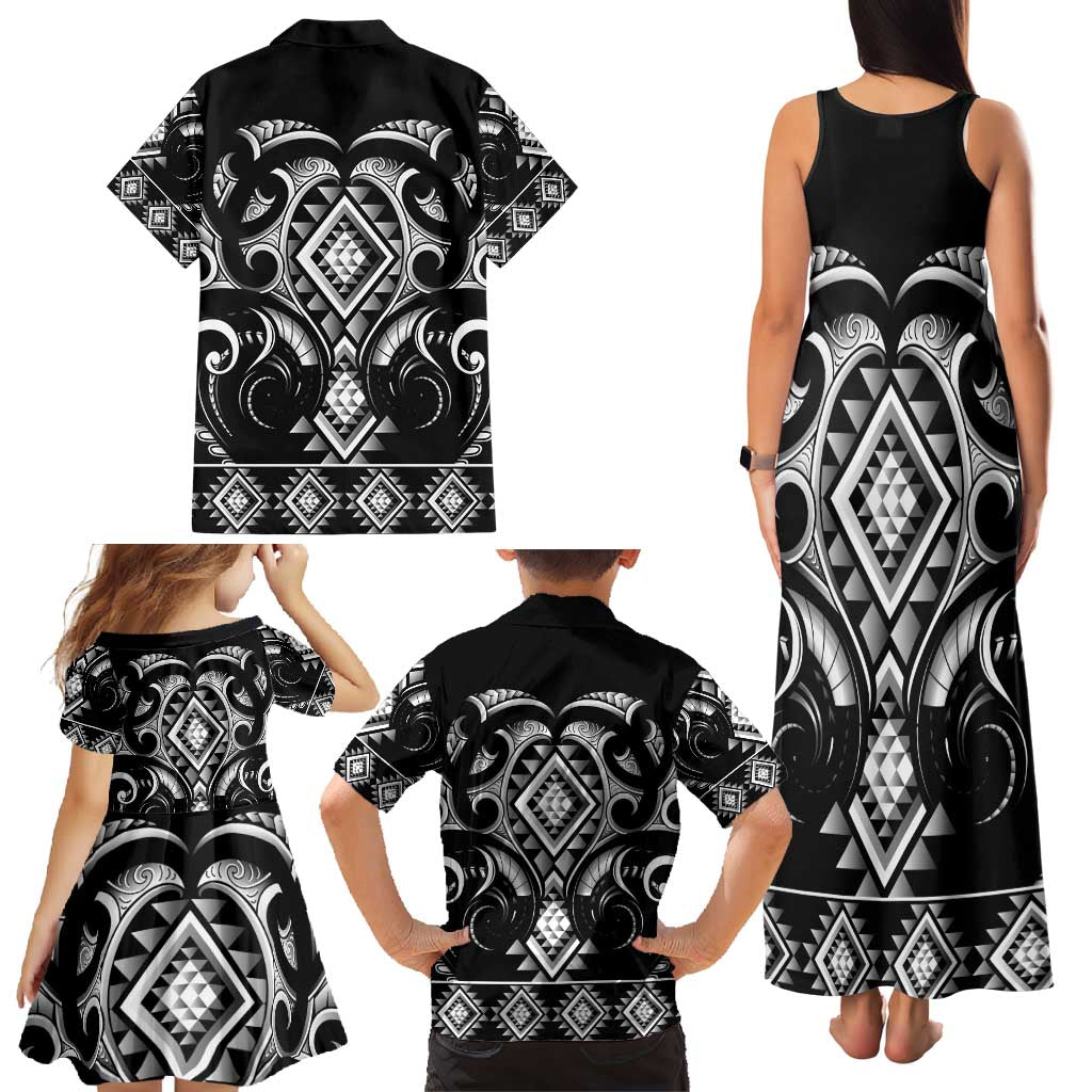 Black Ngaru Taniko With Aotearoa Maori Tattoo Family Matching Tank Maxi Dress and Hawaiian Shirt