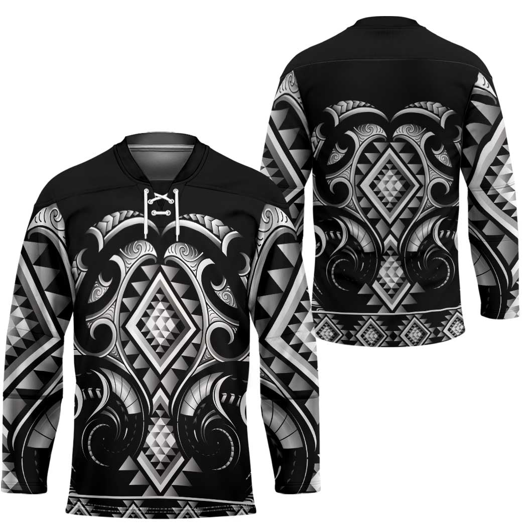 Black Ngaru Taniko With Aotearoa Maori Tattoo Hockey Jersey - Polynesian Pride