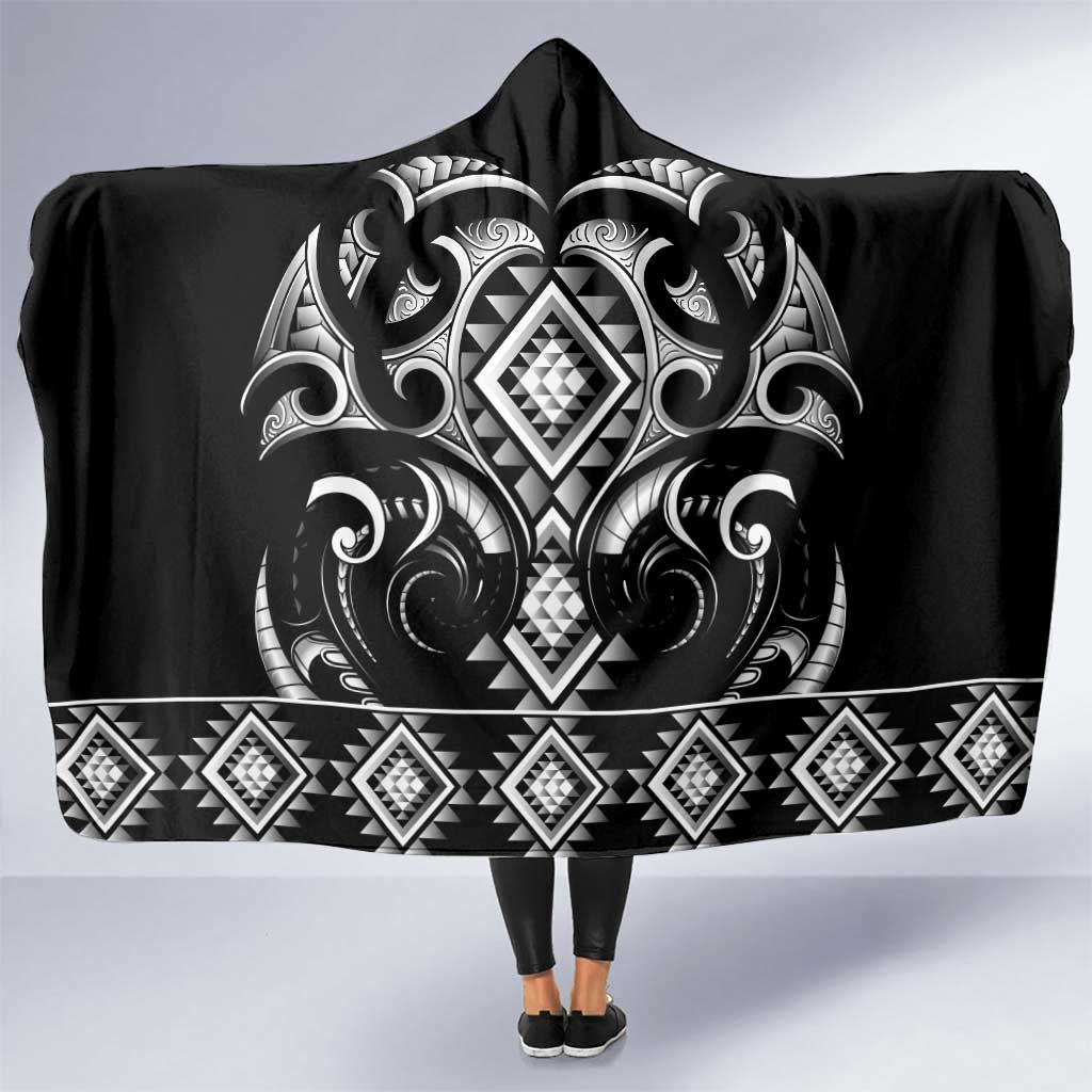 Black Ngaru Taniko With Aotearoa Maori Tattoo Hooded Blanket