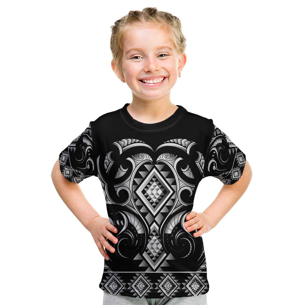 Black Ngaru Taniko With Aotearoa Maori Tattoo Kid T Shirt