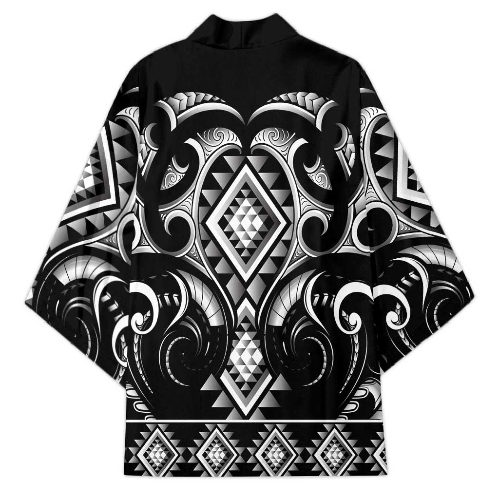 Black Ngaru Taniko With Aotearoa Maori Tattoo Kimono - Polynesian Pride