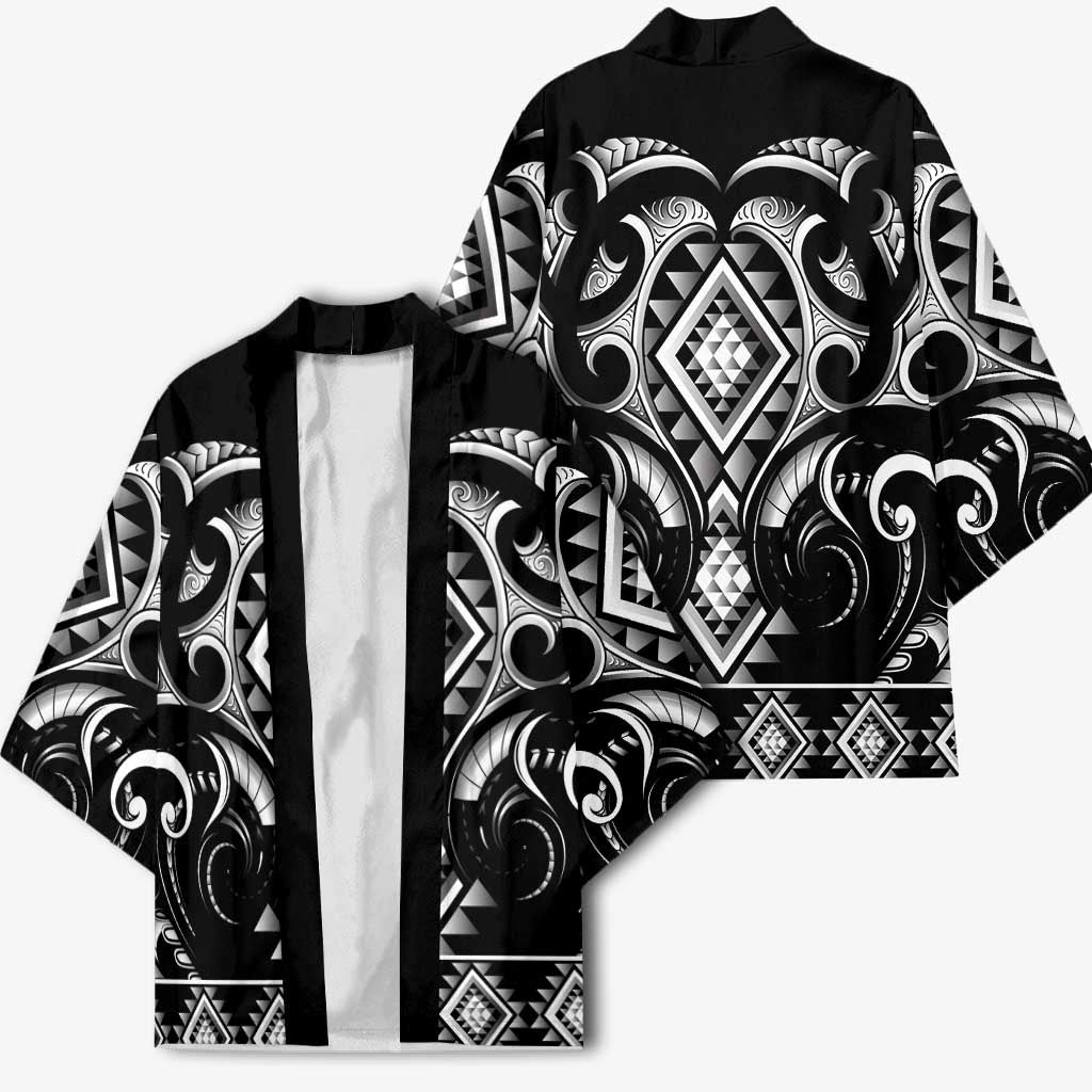 Black Ngaru Taniko With Aotearoa Maori Tattoo Kimono - Polynesian Pride