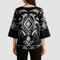Black Ngaru Taniko With Aotearoa Maori Tattoo Kimono Sleeve Blouse - Polynesian Pride
