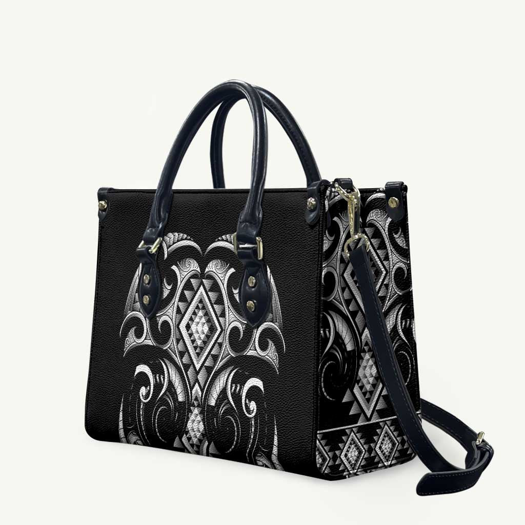 Black Ngaru Taniko With Aotearoa Maori Tattoo Leather Bag - Polynesian Pride